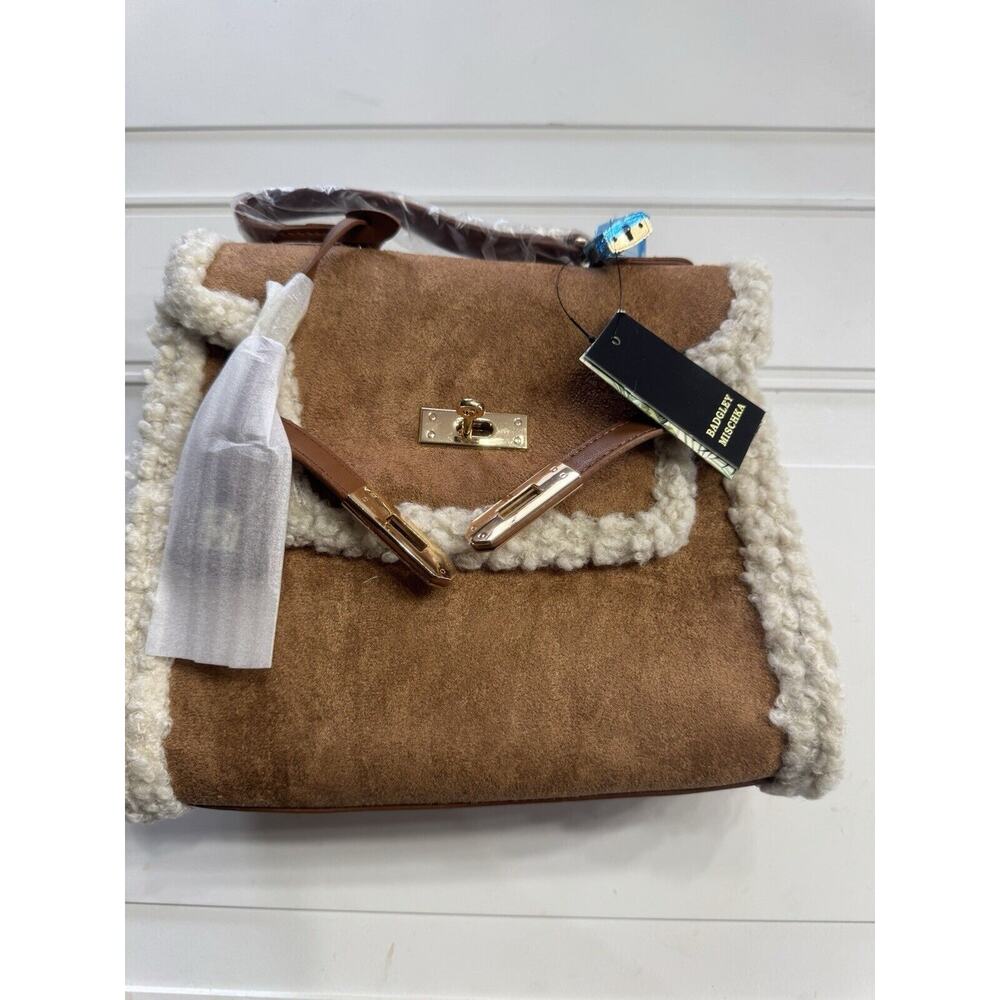 Badgley Mischka Vegan Leather Satchel Handbag Fur Border Dark Brown NWT $159 - Picture 2 of 8